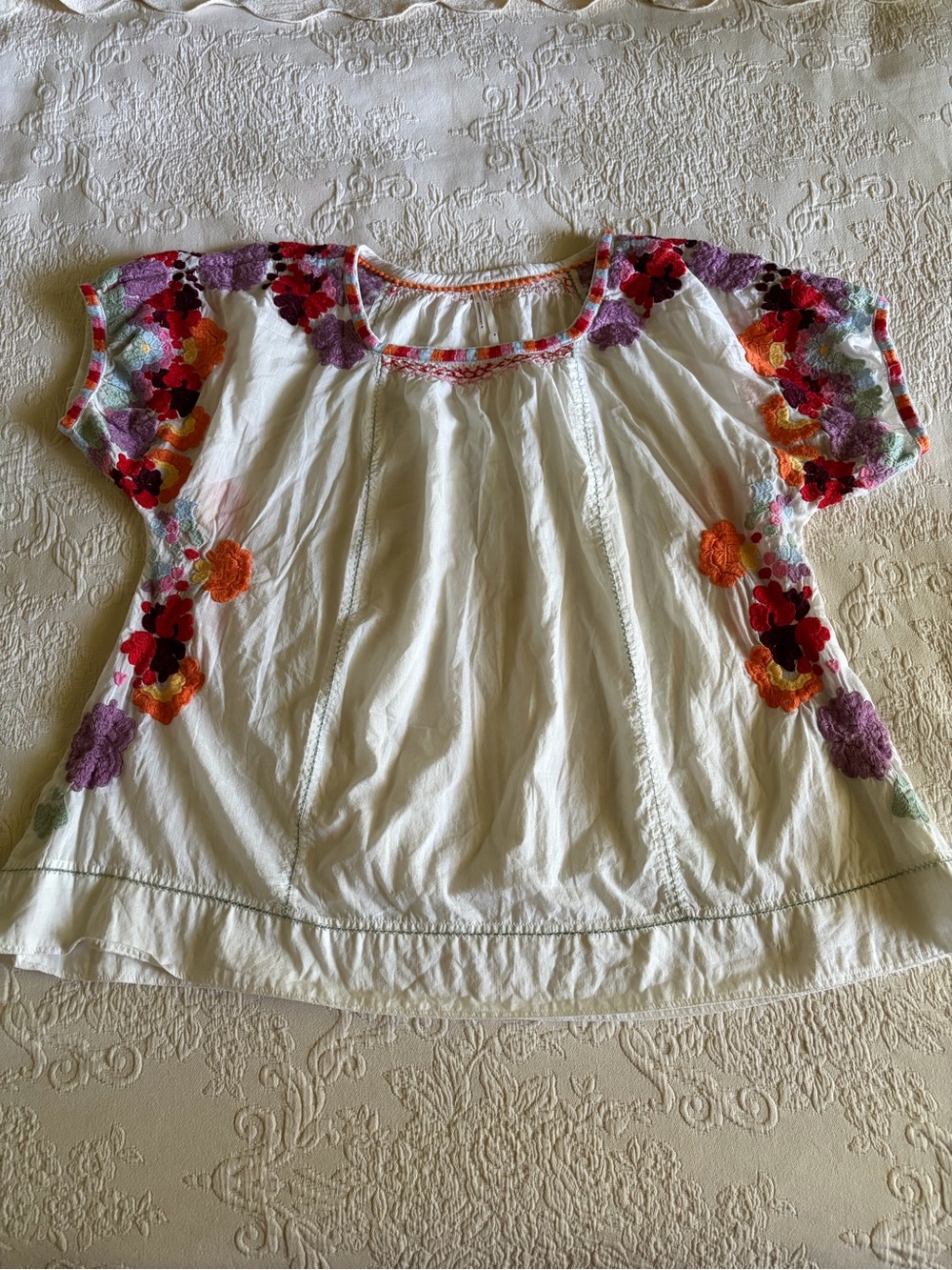 Anthropologie White Cotton Peasant Top with Multicolor Floral Embroidery